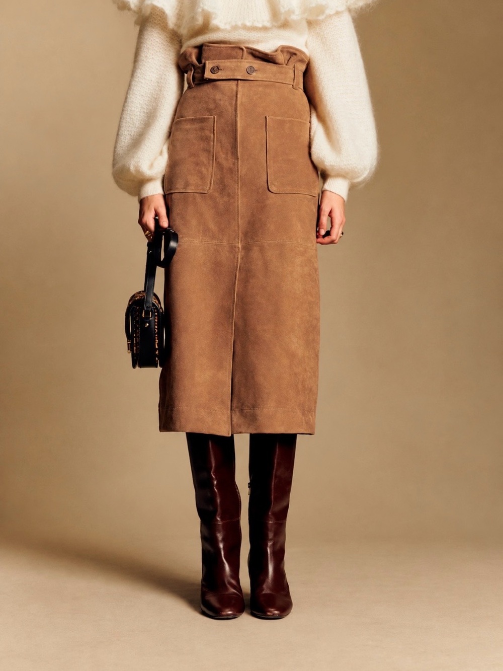 Sézane Pylla Camel Suede Leather Midi Skirt